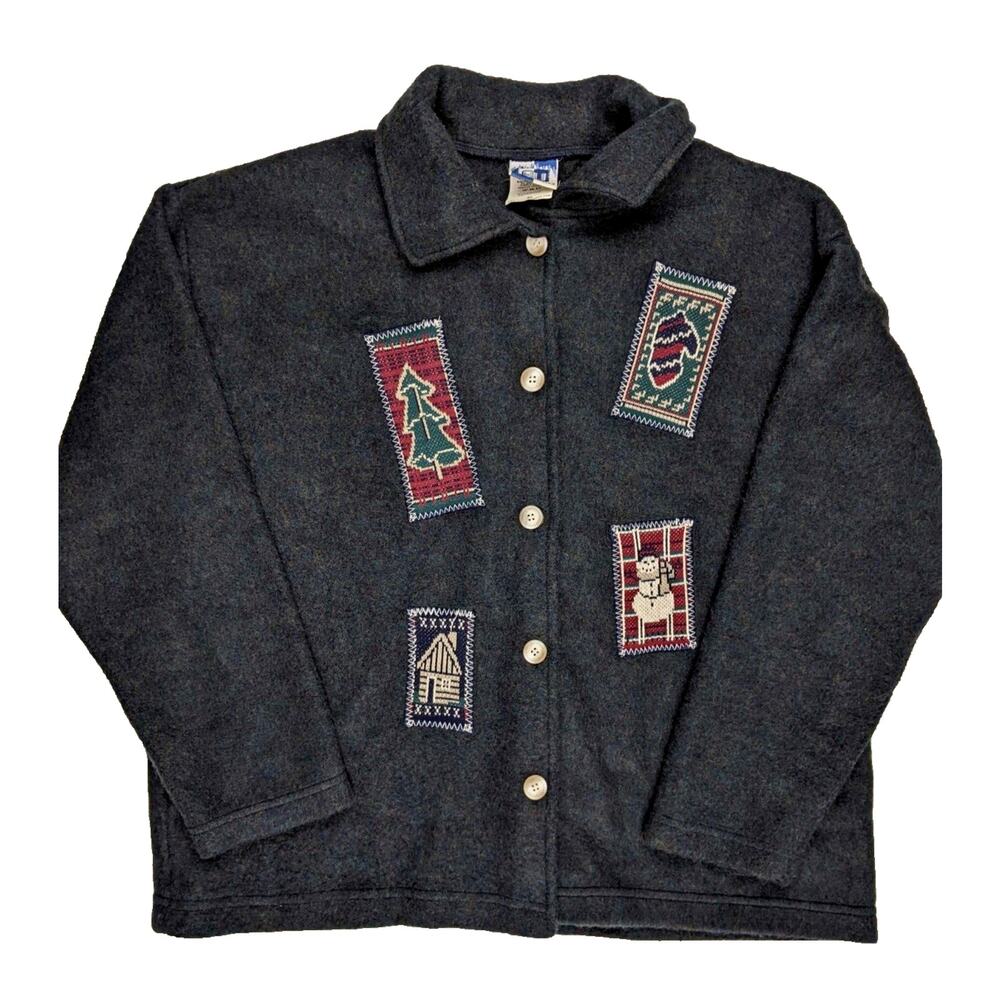 Vintage Art Unlimited Cardigan Women's Size XL Gray Fleece Christmas Grandmacore